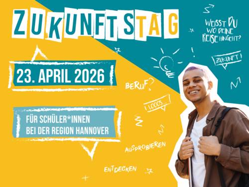 Collage in blau und gelb zum Zukunftstag am 23. April 2026 bei der Region Hannover.