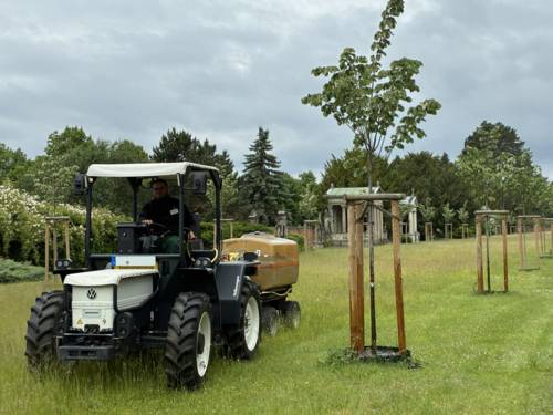 Im Einsatz: Julius Steinmeyer vom Betrieb des Stadtfriedhofs Stöcken ist einer der Kolleg*innen, die den innovativen e-Traktor testen.