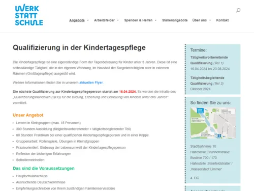 Vorschau eine Internetseite mit Weiterbildungsangeboten für Kindertagespflege von  Werk-statt-Schule e.V.