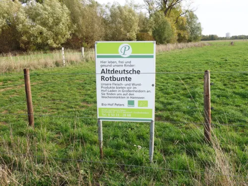 Eine gr&uuml;ne Weidefl&auml;che. Darauf steht ein Schild.