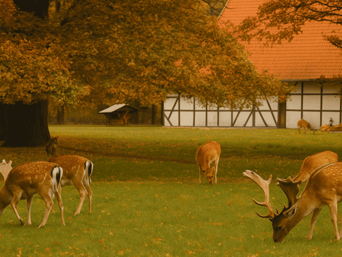Damwild auf einer Wiese mit einem Fachwerkhaus im Hintergrund