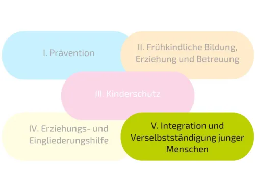 F&uuml;nf rechteckige Fl&auml;chen sind mit jeweils einer anderen Farbe ausgef&uuml;llt und mit Text beschriftet. Von links oben nach rechts unten steht jeweils: "I. Pr&auml;vention"; "II. Fr&uuml;hkindliche Erziehung, Bildung und Betreuung"; "III. Kinderschutz"; "IV. Erziehungs- und Eingliederungshilfe" und "V. Integration und Verselbst&auml;ndigung junger Menschen".