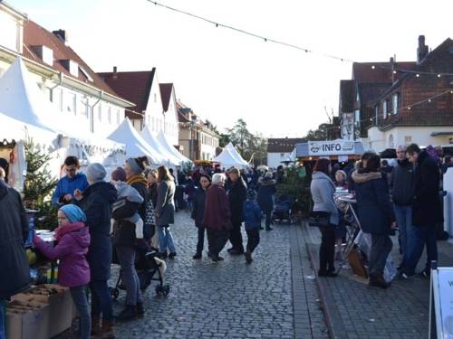 Menschen an Weihnachtsmarktständen in der Brandensteinstraße