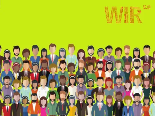 Viele Menschen unterschiedlicher Hautfarbe stehen in vier Reihen hinterienander. Das Bild ist gezeichnet, die Figuren haben keine Gesichter.