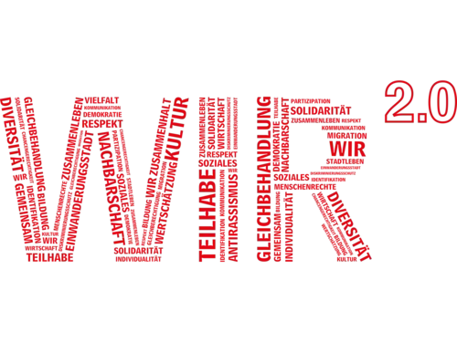 Der Schriftzug "WIR" besteht aus vielen verschiedenen Wörtern wie "Demokratie, Diversität, Kommunikation, Vielfalt" usw. Rechts oben steht "2.0"