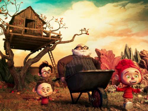 Puppenanimation:Ein Baumhaus - davor ein alter Mann und drei Kinder.