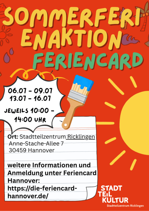 Ein Poster mit einer Sonne und einem Pinsel. Im Vordergrund sind Informationen zur Veranstaltung.