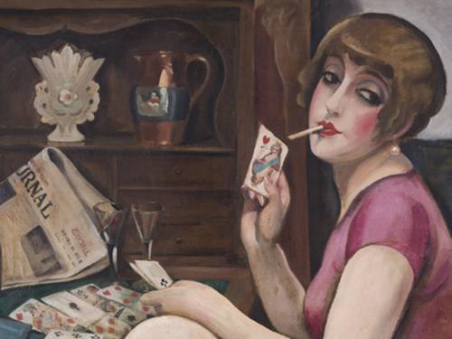 Gemälde einer Frau im 1920er-Jahre-Look, die eine Zigarette raucht und die Spielkarte Herz-Dame in einer Hand hält.