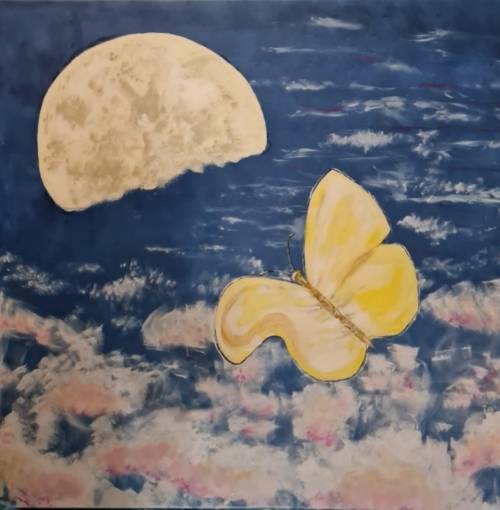 Auf dem Bild ist ein Schmetterling zu sehen, der zum Mond fliegt