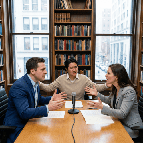 Drei Personen sitzen an einem Tisch und streiten sich.