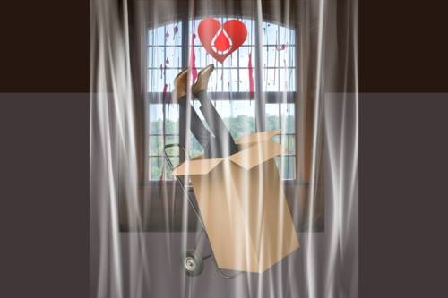 Hinter einem halbdurchsichtigen Vorhang sieht man einen Karton auf einer Sackkarre. Aus dem Karton ragen die Beine einer männlichen Person.