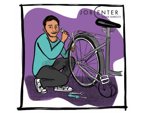 Zeichnung: Eine Person repariert ein Fahrrad
