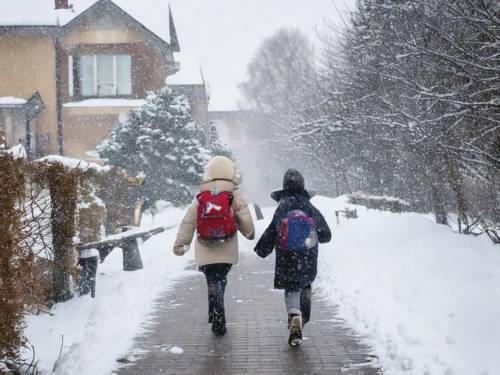 Zwei Kinder laufen auf einem Weg, umsäumt von Schnee und Häusern im Schneegestöber.