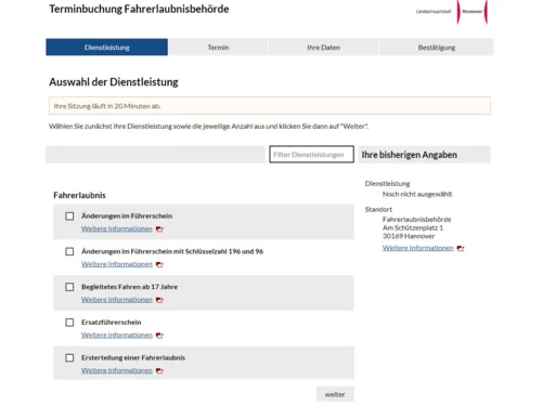 Dienstleistung im Online-Terminvergabe-Modul der Fahrerlaubnisbeh&ouml;rde aussuchen