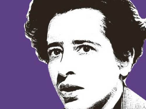 Visualisierung von Hannah Arendt auf violettem Grund.