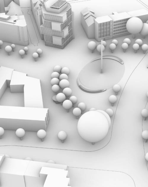Visualisierung in grauen Formen, Blick aus der Vogelperspektive auf einen Platz mit Kugeln, die f&uuml;r B&auml;ume stehen, und Rechtecke, die Geb&auml;ude darstellen.
