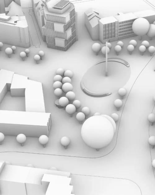 Visualisierung in grauen Formen, Blick aus der Vogelperspektive auf einen Platz mit Kugeln, die f&uuml;r B&auml;ume stehen, und Rechtecke, die Geb&auml;ude darstellen.