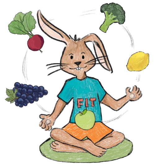 Gezeichneter Hase mit gezeichneten Lebensmitteln, mit denen der Hase jongliert