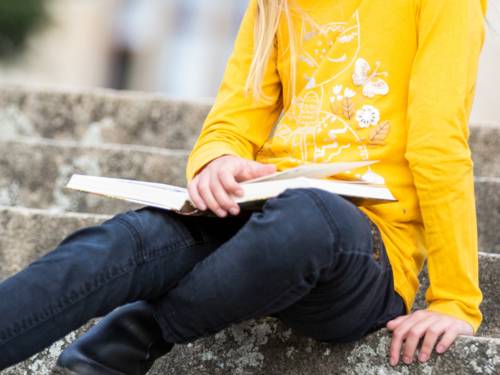 Ein Kind hat ein aufgeschlagenes Buch auf den Knien und liest darin.