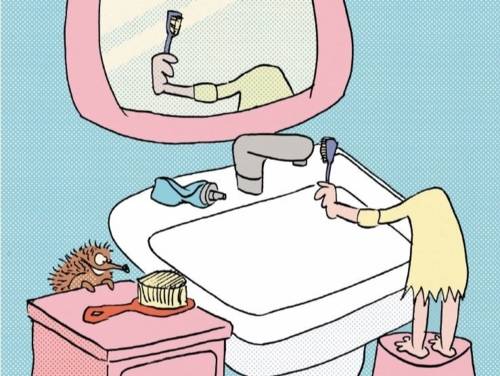 Zu sehen ist eine Illustration von Elias Hauck, auf der ein Kind vor dem Badezimmerspiegel steht, mit einer Zahnbürste in der Hand. Der Kopf ist aber unsichtbar, und spiegelt sich auch nicht im Badezimmerspiegel.