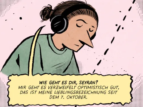 Ein gezeichneter Junge mit Kopfhörern mit einer Sprechblase