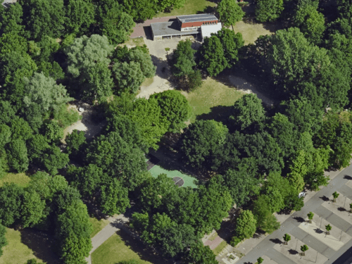 Luftaufnahme eines dicht mit Bäumen und Pflanzen bewachsenen Bereichs, am oberen Ende steht ein Gebäude, unten ist ein Sportplatz zu sehen