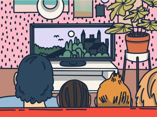 Grafik: Vier Personen sitzen mit dem Rücken zum Betrachter auf einem Sofa und schauen auf dem Fernseher. Der Bildschirm zeigt eine Szene mit einer Burg und Fledermäusen bei Mondschein.