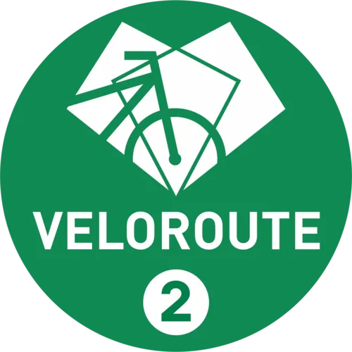 Grünes, rundes Logo mit der Abbildung eines Fahrrads und der Aufschrift Veloroute 3.