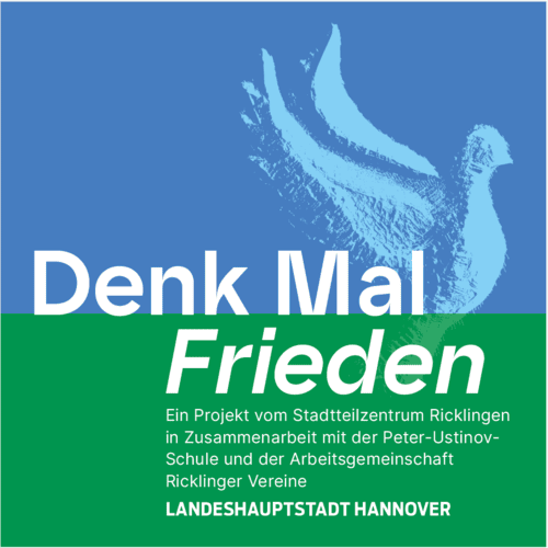 Eine Friedenstaube hinter dem Titel des Projekts