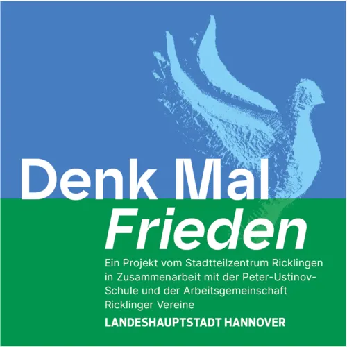 Eine Friedenstaube hinter dem Titel des Projekts