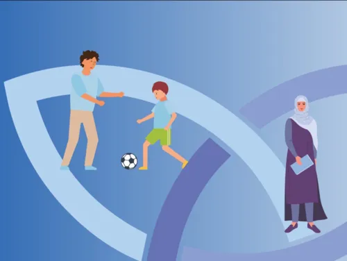 Grafik vor blauen Bögen: Ein Mann und eineJunge spielen Fußball, rechts steht eine Frau mit einem Papier in der Hand und trägt ein Kopftuch.