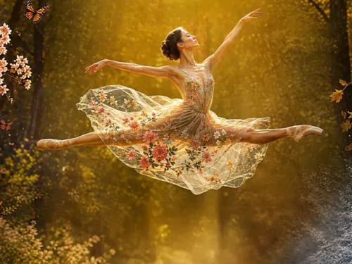 Eine Balletttänzerin in einem floralen Kleid springt im Spagat durch die Luft