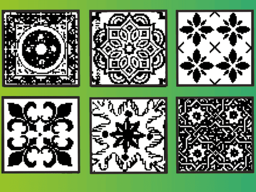 Sechs schwarz-weiße Mosaik-Kacheln auf grünem Grund.