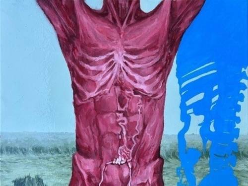 Zu sehen ist eine Malerei von Inu Eichhorn eines menschlichen Körpers ohne die Haut. Ein blauer Schatten dessen ist rechts zu sehen, eine Landschaft erstreckt sich im Hintergrund.