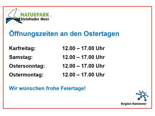 So öffnet die Naturpark-Scheune Steinhude an Ostern 2026: Karfreitag: geöffnet von 12 bis 17 Uhr | Samstag: geöffnet von 12 bis 17 Uhr | Ostersonntag: geöffnet von 12 bis 17 Uhr | Ostermontag 2026: geöffnet von 12 bis 17 Uhr.