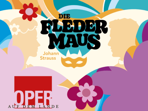 Eine bunte Fledermaus & das Logo von Oper auf dem Lande