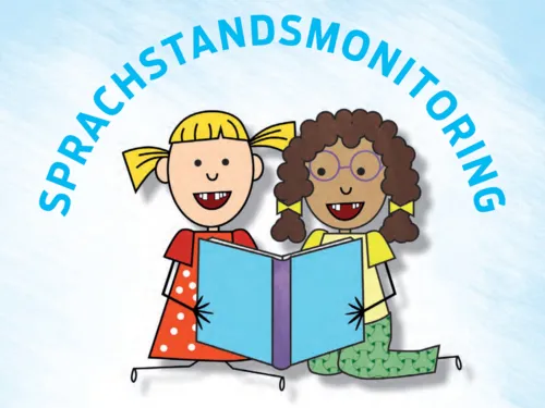 Zeichnung: Zwei Kinder schauen in ein Buch, dar&uuml;ber der Text "Sprachstandsmonitoring".