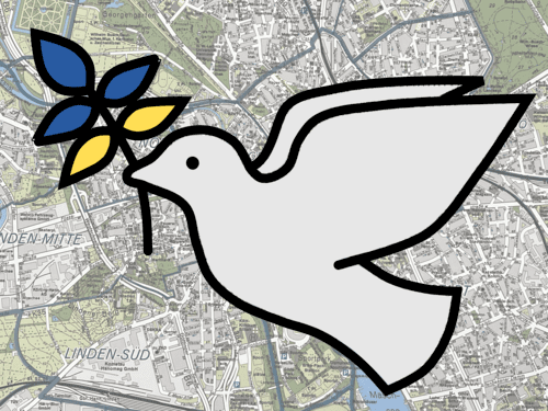 Eine Friedenstaube, die eine Blume in den Farben der ukrainischen Flagge im Schnabel trägt, im Hintergrund ein Kartenausschnitt der Stadt Hannover