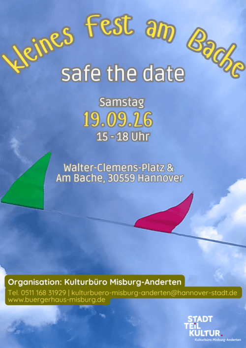 Safe the date
Kleines Fest am Bache
19.09.2026
15 - 18 Uhr