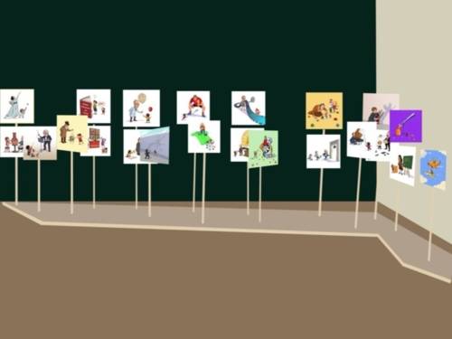 Präsentation von Cartoons im Hannover Kiosk, quadratische Bilder ausgestellt auf Stangen