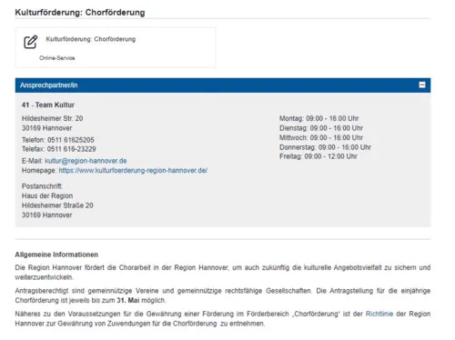 Vorschau auf den Online-Service der Region Hannover, um Chorförderung zu beantragen.