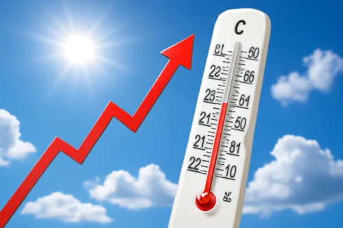 Sonne, Wolken, ein Thermometer und eine Fieberkurve, die nach oben zeigt.