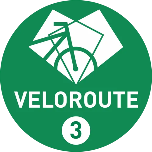 Grünes, rundes Logo mit der Abbildung eines Fahrrads und der Aufschrift Veloroute 3.