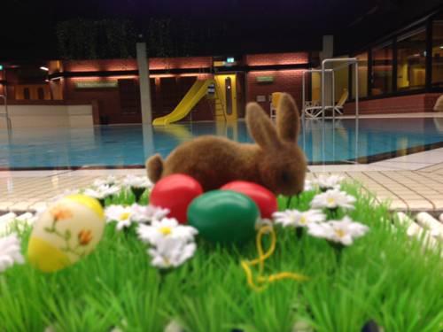 Ein Schwimmbecken mit Rutsche und am Beckenrand ist Osterdekoration, bestehend aus Kunstgras und künstlichen Gänseblümchen, vier bunten Eiern und einem Stoffhasen, aufgebaut.