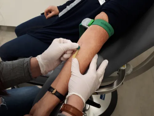 Der Arm einer Person mit einem Stauschlauch, Hände in Gummihandschuhen, die die Kanüle für die Blutabnahme an die Armbeuge setzen