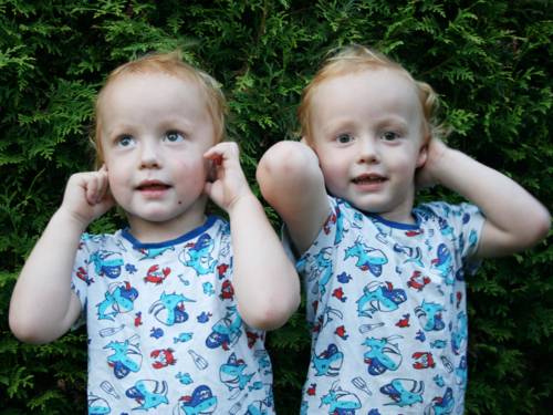 Zwei Kleinkinder im Porträt, beide gucken fröhlich und halten sich die Ohren zu.