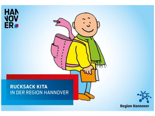 Zeichung mit einem Kind, das einen Rucksack trägt, Logos und dem Text "Rucksack Kita in der Region Hannover"