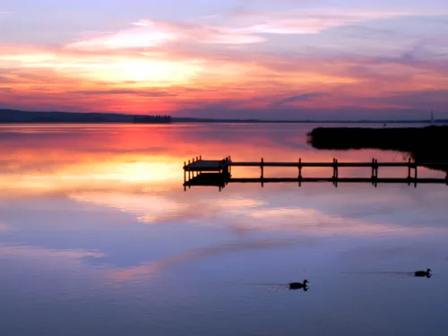 Ein Steg ragt dunkel ins Steinhuder Meer. Der Himmel leuchtet im Sonnenuntergang in verschiedenen Rott&ouml;nen.