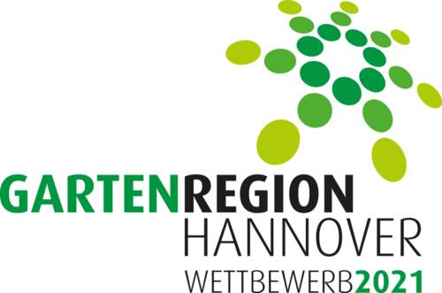 Eine Wort-Bild-Marke mit grünem Punktelogo und Schriftzug "Gartenregion Hannover" und "Förderwettbewerb"