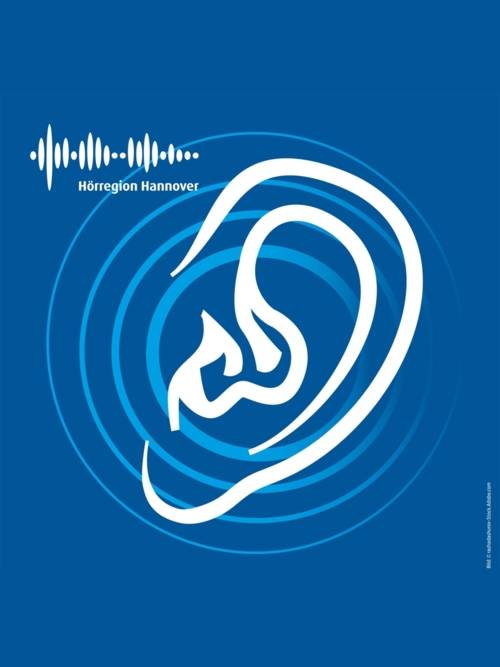 Ein gezeichnetes Ohr plus Aufschrift "Hörregion Hannover" auf blauem Hintergrund.